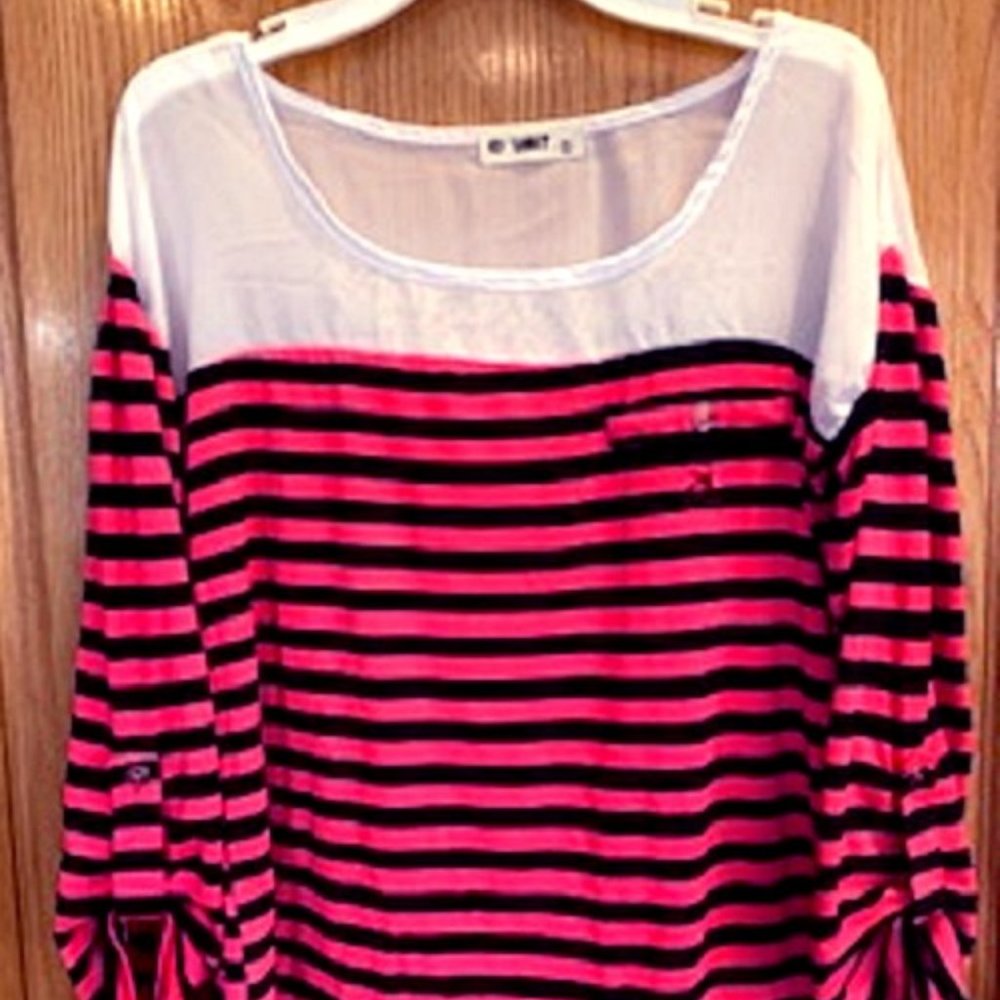 O'LIMIT Women Blouse White/Black Stripes on Pink